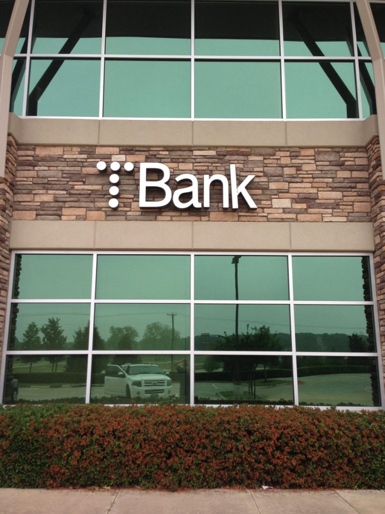 Attractive building sign of T Bank installed by Priority Signs & Graphics in Dallas Fort Worth