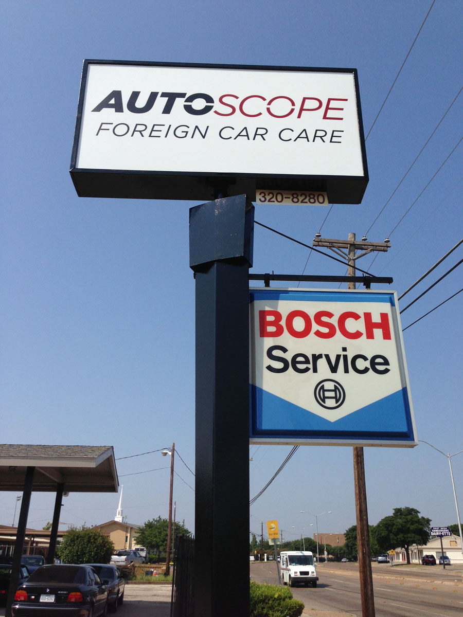 Pylon sign for Auto Scope installed by Priority Signs & Graphics in Dallas, TX