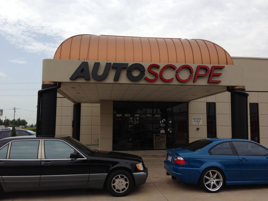 Channel letters building sign for Auto Scope business in Dallas, TX