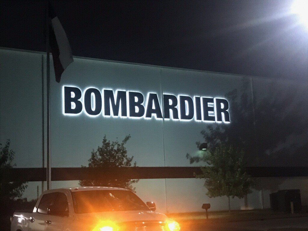 Lighted building signs of Bombardier made by Priority Signs & Graphics in Dallas, TX
