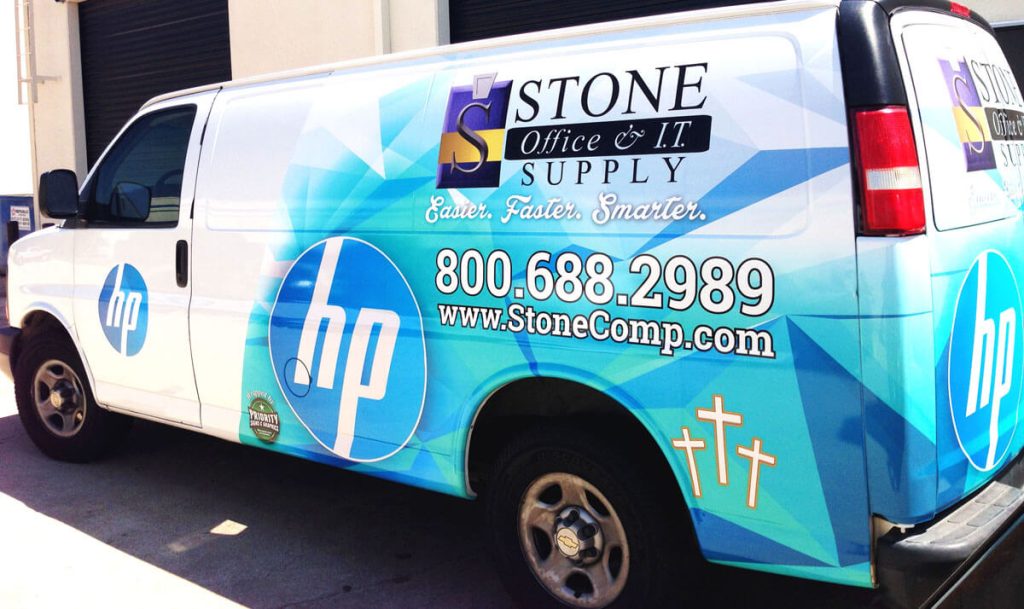 Custom graphics of HP on van installed by Sign Company in Dallas Fort Worth