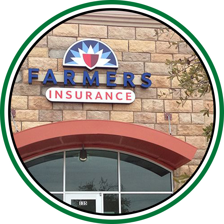 Channel letters of Framers Insurance made by Priority Signs & Graphics in Dallas Fort Worth