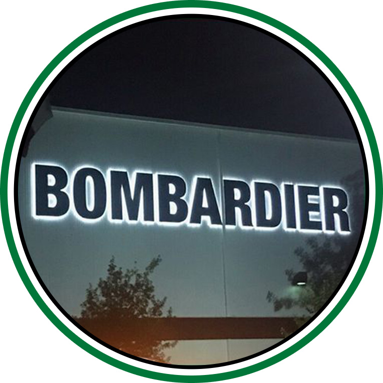 Lighted Channel letter sign of Bombardier installed by Priority Signs & Graphics in Dallas, TX