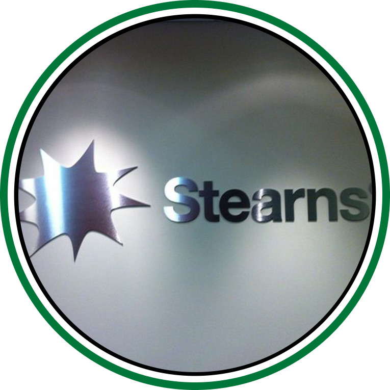 Aluminum lobby sign of Stearns made by Priority Signs & Graphics Company in Dallas Fort Worth