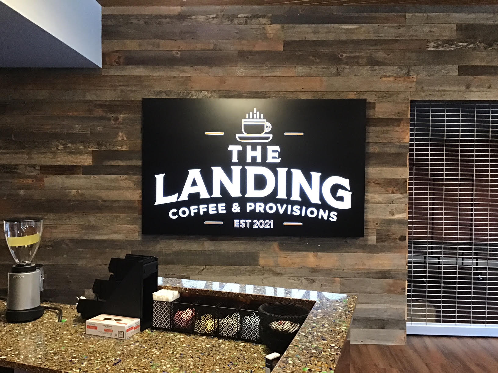 Interior sign for Landing Coffee made by Sign Company in Dallas Fort Worth, TX